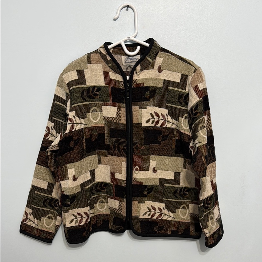 Green and Brown Bomber Jacket with Geometric Pattern size unknown 21.5x25 - Picture 1 of 3
